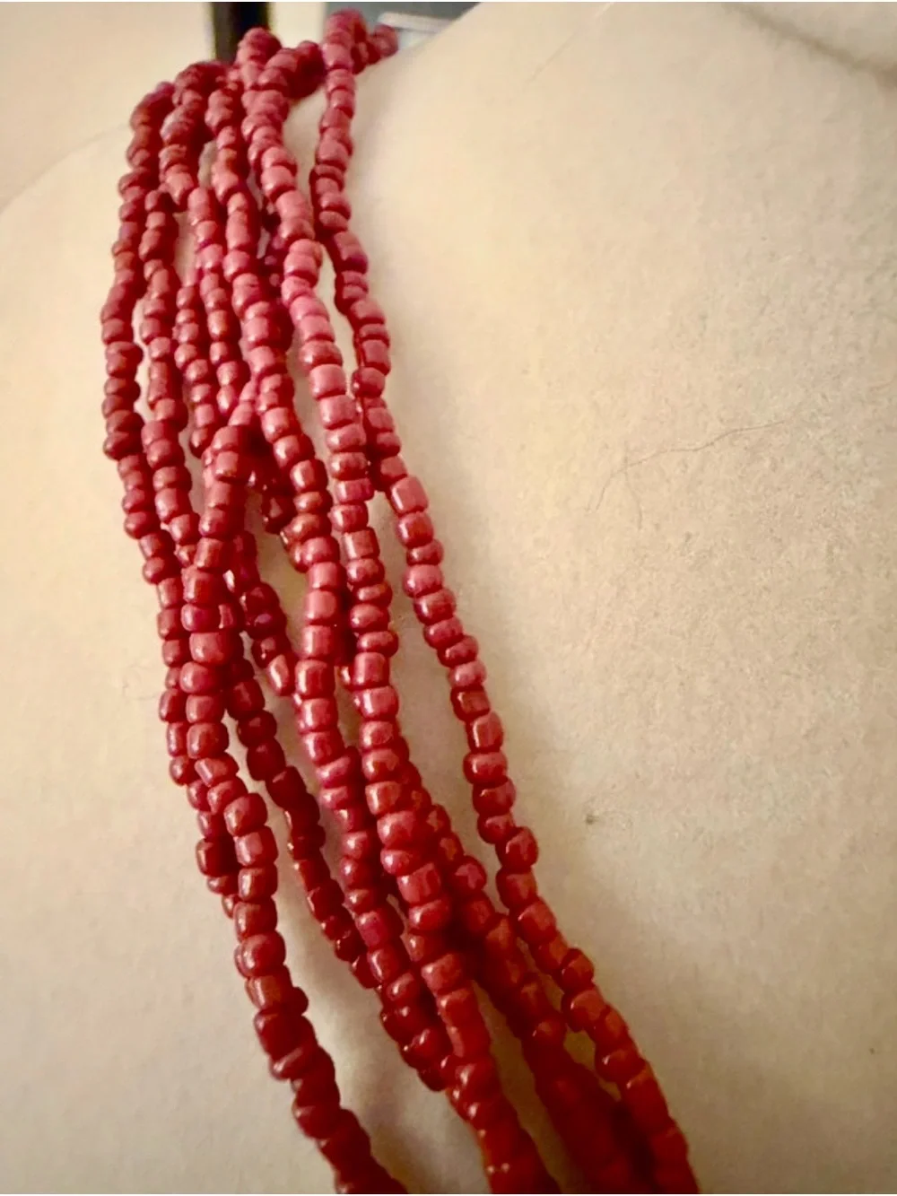 Multi-Strand Red Beaded Necklace with Geometric Pendant